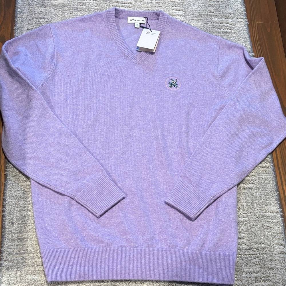 Peter Millar Lavender V-Neck Sweater with Embroidered Crest size M